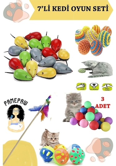 7'li Set : Kedi Çek Bırak Fare Oyuncağı , Sarma Top , Olta , 3'lü Mini Top , Çıngıraklı Top