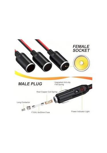 Boatshop1 Clelo 1den 3e Siyah Araba Sigara Cakmagi Bolucu Adaptor Guc Sarj Portu 12v 24v Fis Soketi 3 Yollu Bolucu 25.4 Cm Uzatma Kablosu 16awg 15a Sigorta