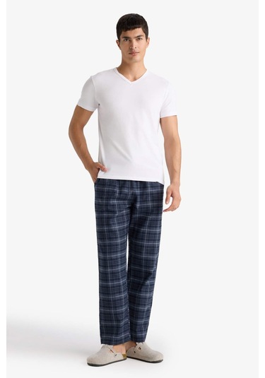 Defacto Regular Fit Beli Bağcıklı Cepli Uzun Boy Kareli Pijama Altı C6118ax25wnın247 İndigo