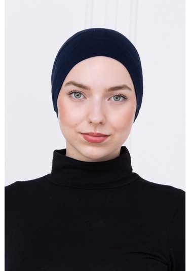 Pratik Boru Bone Lacivert Geçmeli - Kaymaz Önü Dikişsiz Kadın Tesettür Hazır İç Bone Lacivert