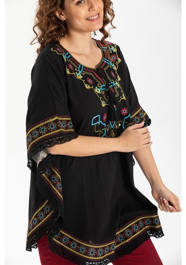 Kısa Kol Şile Bezi Gülseren Bluz Siyah Syh