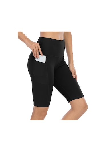 Beş Puan Spor Şort Kadın Yan Cebi Kalça Dar Ve Elastik Koşu Spor Sıcak Pantolon Yüksek Bel Yoga Şort Siyah