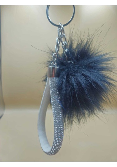 Gümüş Taşlı Tilki Tüyü Siyah Angel Anahtarlık