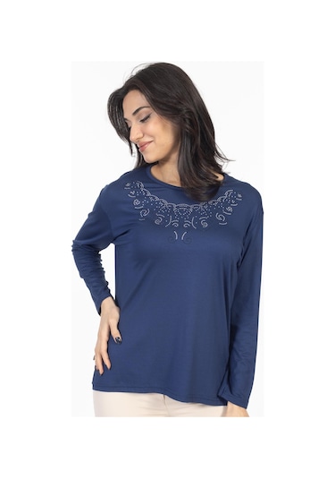 Yeni Model Taş İşlemeli Yuvarlak Yaka Likralı Anne Penye Bluz 6420-indigo İndigo