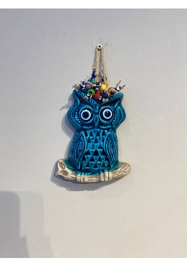 El Yapımı Nazar Boncuğu, Duvar Dekorasyon Ürünü, Seramik, El İşçiliği, Turkuaz Renkte Baykuş Desenli -