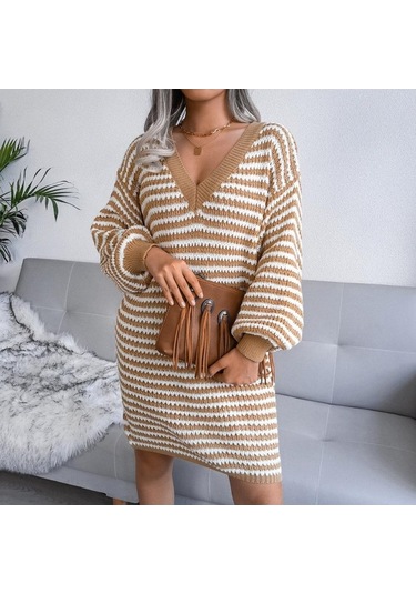 Novahub Kadın Sonbahar Kış V Boyun Uzun Kollu Yün Elbise - Camgöbeği Renkli Şerit Oyma Camgöbeği