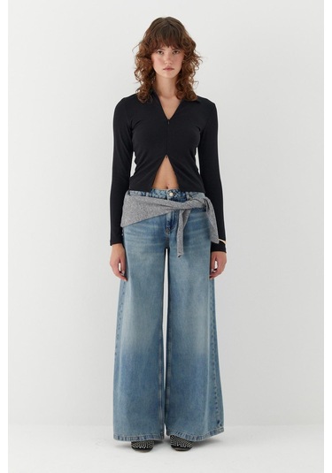 Polo Yaka Önden Gizli Fermuarlı Bluz Siyah Siyah