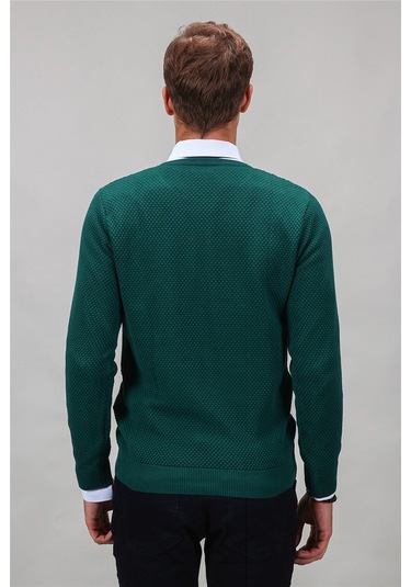 Tudors Slim Fit Dar Kesim Bisiklet Yaka Petek Desenli Erkek Kazak-16252 Yeşil