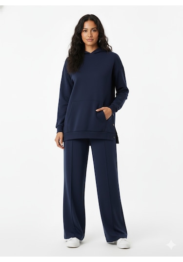 Soft&Basic Kapüşonlu Yanları Çıt Çıt Detaylı Sweatshirt Ve Nervürlü Pantolon Alt Üst Takım Lacivert