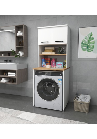 Enda Home Çamaşır Makinesi Dolabı 2 Kapaklı Banyo Dolabı Çam Atlantik Çam - Beyaz