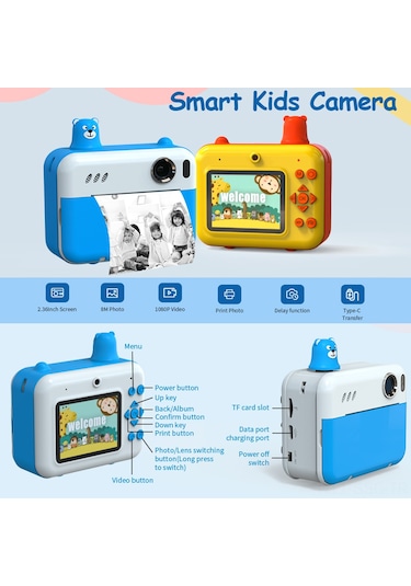 Springsun Çocuklar İçin Hızlı Baskı Kamera - 1080p Video/ Fotoğraf, 2.36" Ips Ekran, Çift Kameralı, Mp3 Çalar, Mavi Batteri Ve Baskı Kağıdı Dahil