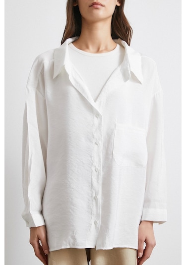 Oversize Cepli Modal Gömlek Beyaz Beyaz