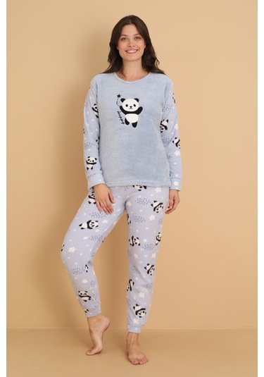 Fawn 1204 Peluş Welsoft Polar Kışlık Yumoş Panda Kadın Pijama Takımı Açık Mavi