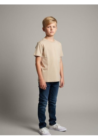 Zekids Çocuk Pamuklu Basic Yuvarlak Yaka T-shirt-16714 Bej
