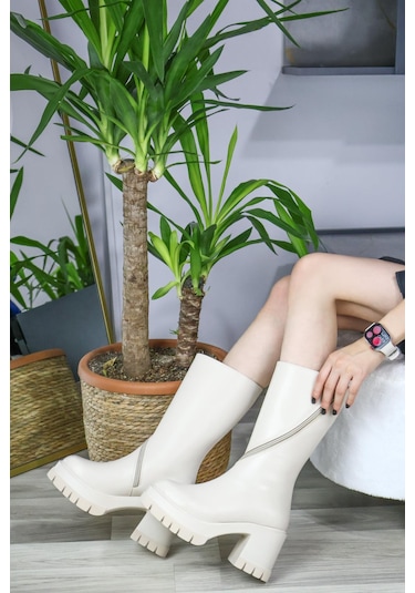 Asmi Shoes Kadın Liva Döner Fermuarlı 8 Cm Topuklu Bot Krem Krem
