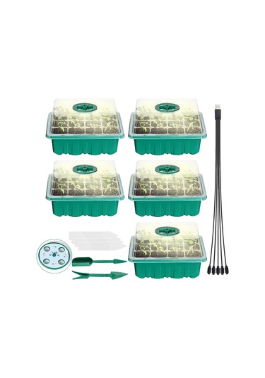 5 Adet Bitki Tohumu Başlangıç Tepsisi, Tohum Ekimi İçin Büyüme Işıkları, 60 Fidana Hücre Organik Bitki Başlangıç Kiti, 5 Etiket, 2 Nakil Aracı İle Yeşil