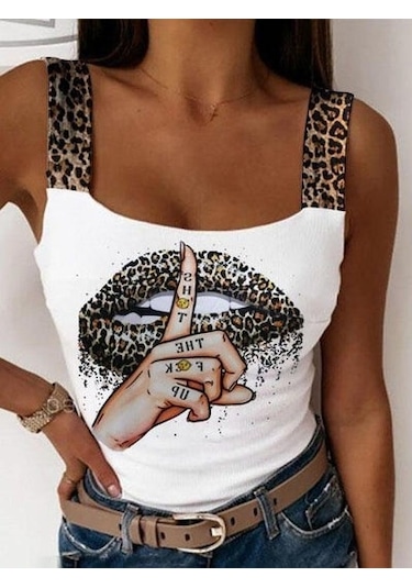 Etiler Collection Kadın Leopar Askılı Leopar Baskılı Mikro Kumaş Bluz Beyaz
