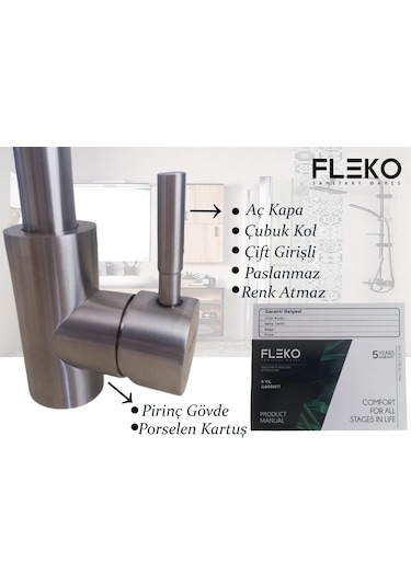 Fleko Inox Mutfak Eviye Bataryası Mutfak Musluğu Tek Gövde Pirin