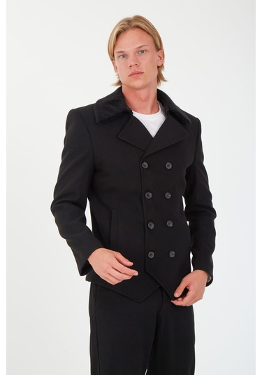 Sposo 1702 Yaka Çıkmalı Kruvaze Yünlü Kaşe Siyah Erkek Kısa Kaban Siyah