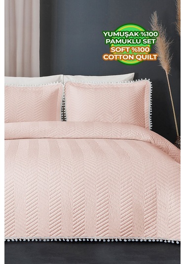 Evlen Home Ponponlu %100 Pamuk Tek Kişilik Günlük Yatak Örtüsü Pike Takımı Seti Pudra