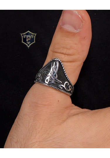 Prestij Gümüş 925 Ayar Gümüş Erkek Baş Parmak Zihgir Tuğralı Motifli Yüzük