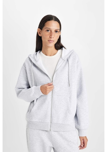 Defacto Relax Fit Kapüşonlu Cepli Basic Düz Fermuarlı Sweatshirt C1809AX24WNGR93 Gri