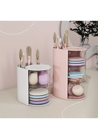 Dashanshop Pembe 2 Katlı Döner Pudru Süngeri Saklama Kutusu Makyaj Fırçası Organizer Pembe