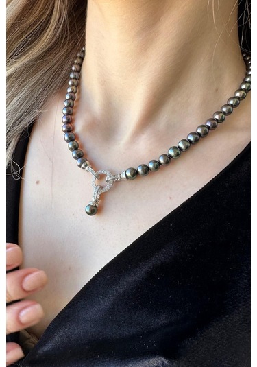 8,5 Mm Zirkon Taşlı Halka Kilitli Doğal İnci Küpe Kolye Bileklik Üçlü Set 45 Cm / Rose Gümüş