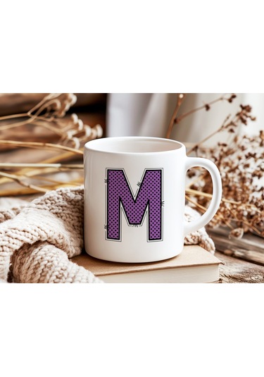 M Harfi Mor Puantiyeli Kupa Bardak - Polka Dot Tasarım Kahve Çay Bardak - Kişiye Özel Hediyelik Beyaz