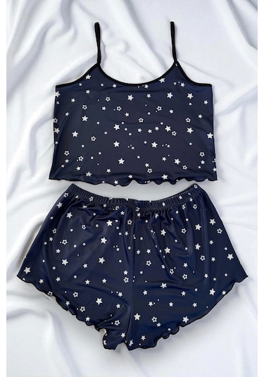 Leyna Yıldız Desenli Lacivert Şortlu Pijama Takımı Lacivert