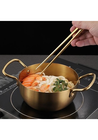 Altın Ramen Erişte Pot Hızlı Isıtma İki Kolları Gıda Sınıfı Paslanmaz Çelik Kore Ramen Erişte 18cm