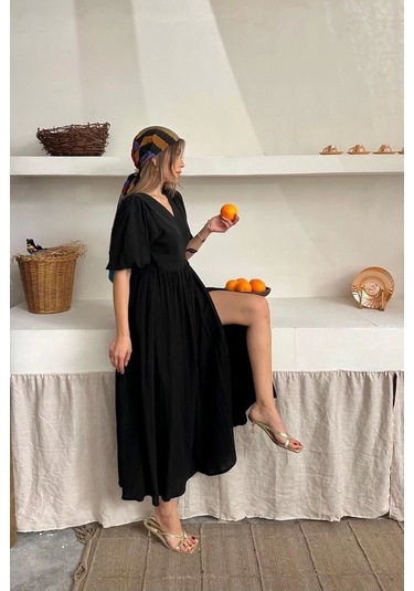 Siyah Müslin Uzun Elbise Siyah