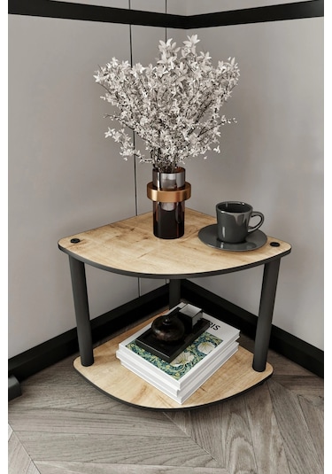 2 Katlı Dekoratif Köşe Kitaplık Meşe Meşe