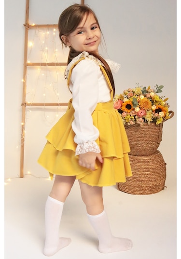 Kız Çocuk  Helen Sarı Askılı Kat Kat Bağlama Jile Elbise Dantel Detay Ekru Uzun Kollu Bluz Takım