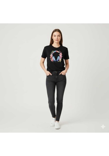 Çiçekli Kulaklık Baskılı Pamuk Kadın T-shirt Siyah