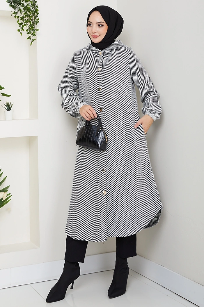 Çizgi Detay Kapüşonlu Kaşe Kap 1634 - Beyaz Beyaz