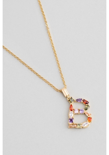 So Chic Mini B Harfi Günışığı Renkli 18 Ayar Sarı Altın Kaplama 45 CM Gümüş Kolye