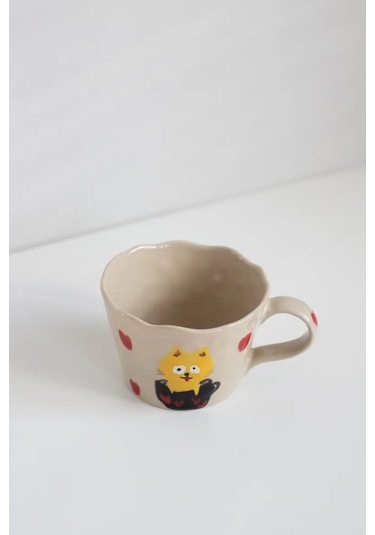 Perex Kedi Figürlü Kupa, Seramik Kupa, Kalp Desenli Kupa 312703845 Bej