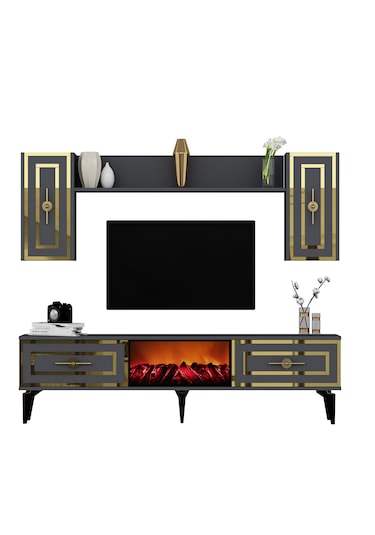 Violla Şömineli Tv Ünitesi Takımı Antrasit-altın