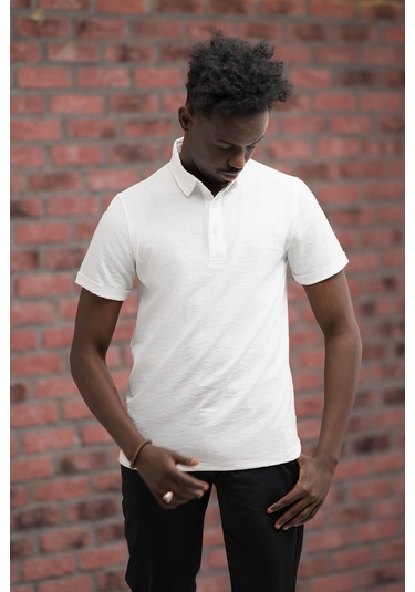 Advante Regular Fit Likralı Kendinden Desenli Polo Yaka T-shirt Beyaz