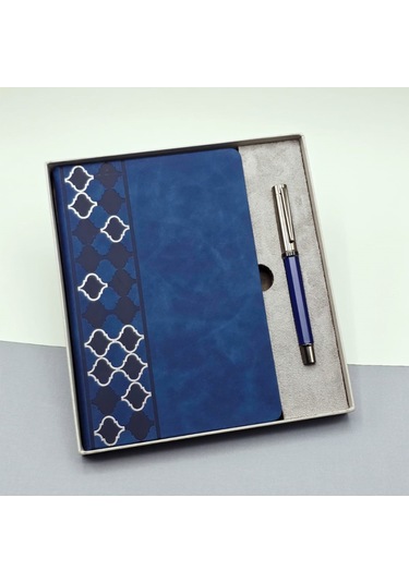 Mobgift Yan Tarafı Mozaik Desenli Deri Defter Kalem Tasarım Kutulu Hediye Seti Lacivert