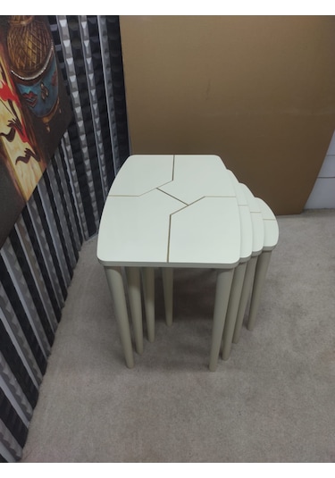 4 Lü Mdf Lam Ahşap Zigon Sehpa Krem - Gold