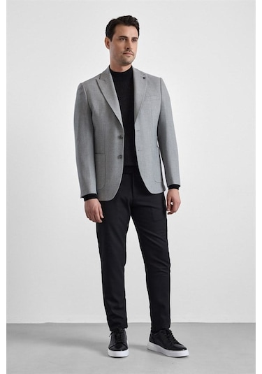 Süvari Gri Slim Mono Yaka Torba Cep 6 Drop Klasik Ceket Ct2021600416-s05