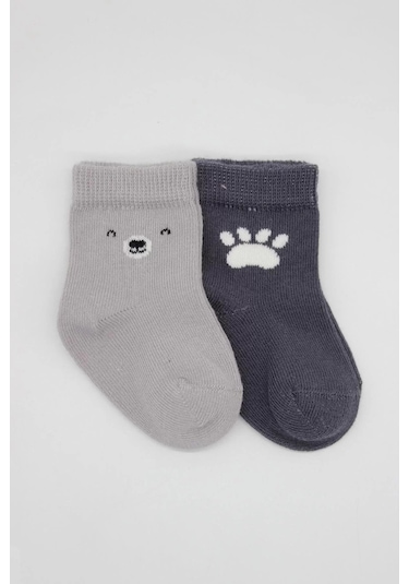 Melonika Bear Penye Soket Çorap 2'li Gri Çok Renkli