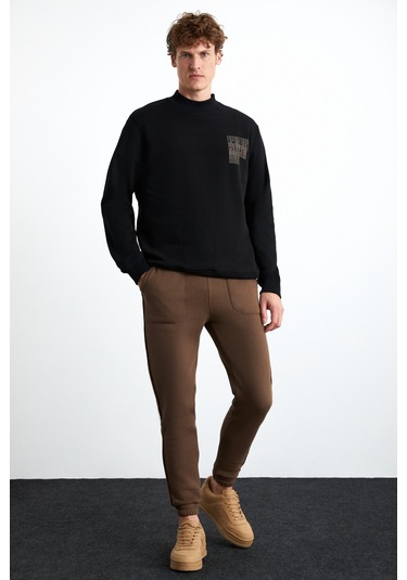 Chasey Erkek Organik Pamuklu Dik Yaka Içi Polarlı Baskılı Siyah Sweatshirt