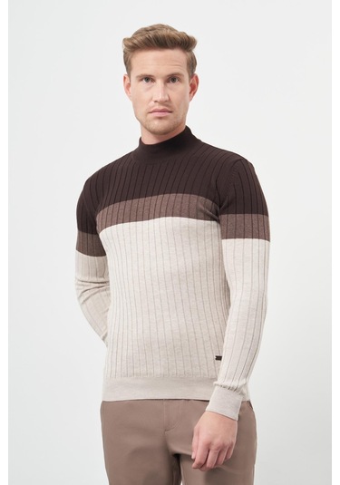 Açık Bej Uzun Kol Kendinden Desenli Örme Yarım Balıkçı Yaka Classic Slim Fit Triko 1012245154 Açık Bej