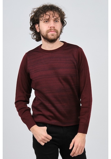 Çizgi Triko Erkek Bisiklet Yaka Desenli Kazak 42554225 Bordo Bordo