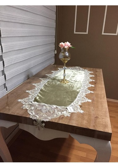 Gelin Çeyiz Yeşil Kadife Dantelli Runner