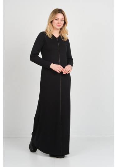 Sistas Kadın V Yaka Çift Cepli İnce Şerit Detaylı Maxi Elbise 23813 Siyah Siyah