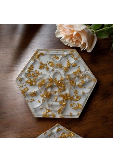 Epoksi Reçine Bardak Altlığı - 4'lü Takım - Altın Varaklı Altın